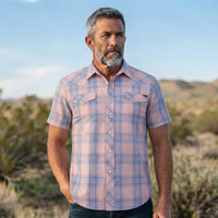 Short Sleeve Western Shirt with Snaps worn by a model. Western style, front view