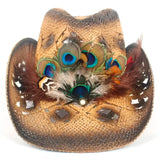 Straw Cowboy Hat with Feathers for Woman