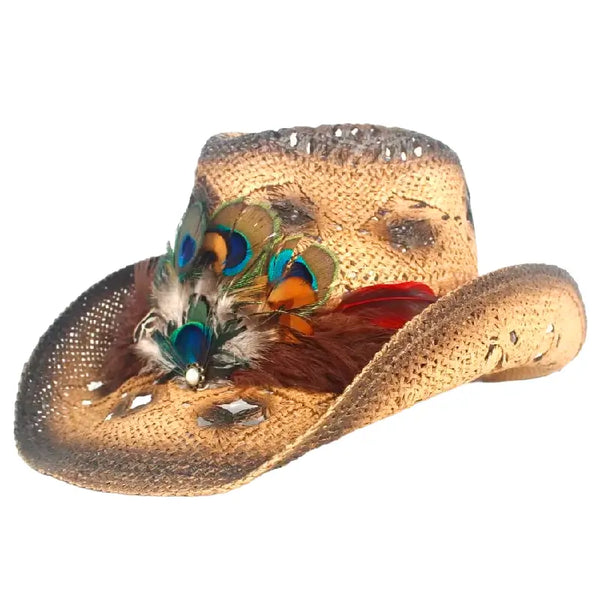 Straw Cowboy Hat with Feathers | Western Cowboy display picture 1