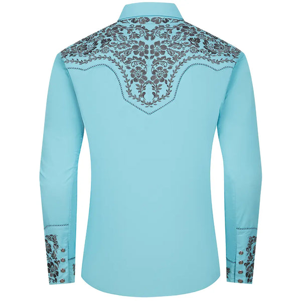 Turquoise Western Shirt with Grey Embrodery