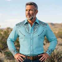 Turquoise Western Shirt worn by a model. Western style, front view