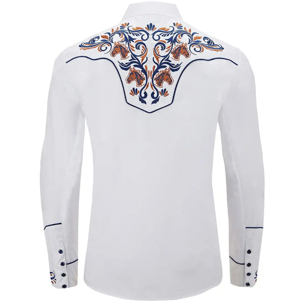 White Country Western Shirt with Horse Embroidery