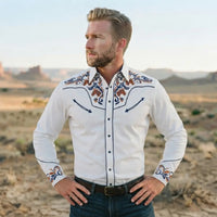 White Country Western Shirt worn by a model. Western style, front view