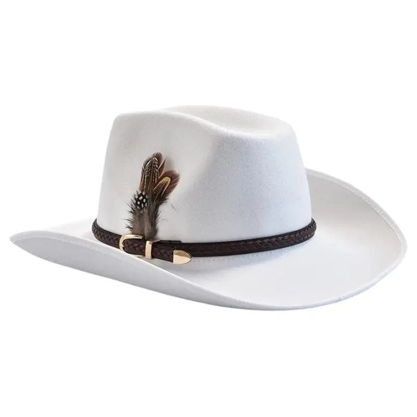 White Felt Cowboy Hat with Feathers