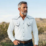 White Cowboy Shirt worn by a model. Western style, front view