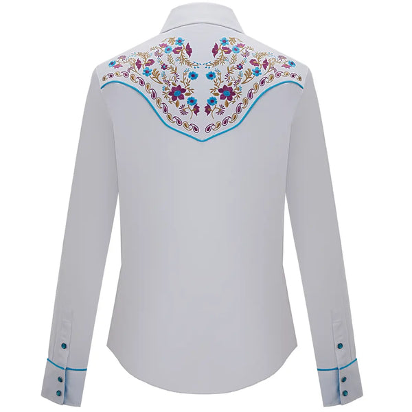 White Cowgirl Shirt with Blue Embroidery