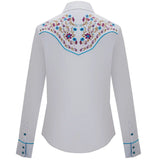White Cowgirl Shirt with Blue Embroidery