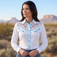 White Cowgirl Shirt with Floral Embroidery