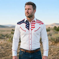 White Patriotic Western Shirt worn by a model. Western style, front view