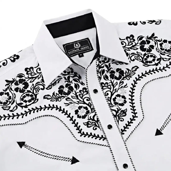 White western shirt collar detail with black floral embroidery and snap button placket