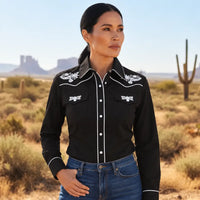 Women's Black Western Shirt with White Embroidery