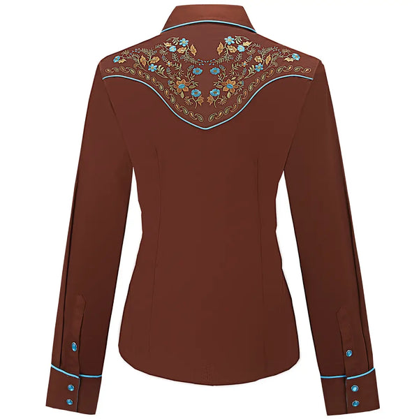 Women's Brown Western Shirt with Floral Embroidery