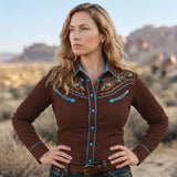 Women's Brown Western Shirt with Floral Embroidery