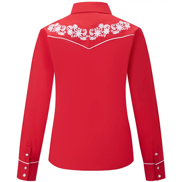 Women's Red Western Shirt with Floral Embroidey