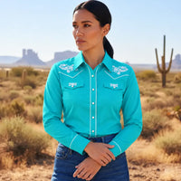 Women's Turquoise Western Shirt with White Embroidery