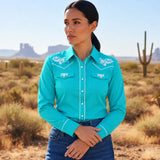 Women's Turquoise Western Shirt with White Embroidery