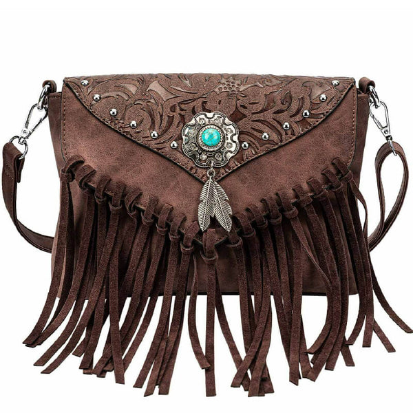 Western Leather Crossbody Bag With Leather Fringe Aztec -  Denmark