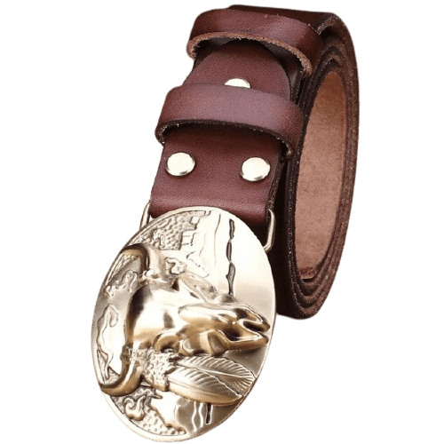 Brown Leather Cowboy Belt with Gold Buckle