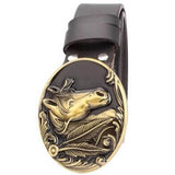 Cowhide Western Belt with Gold Horse Buckle