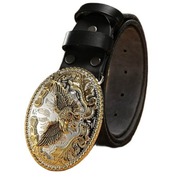 Western Style Leather Belt with Gold Buckle