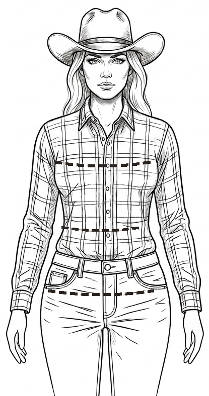 Illustration of a woman wearing a western plaid shirt, jeans, and a cowboy hat, standing facing forward, with dashed guide lines marking the bust, waist, and hip.