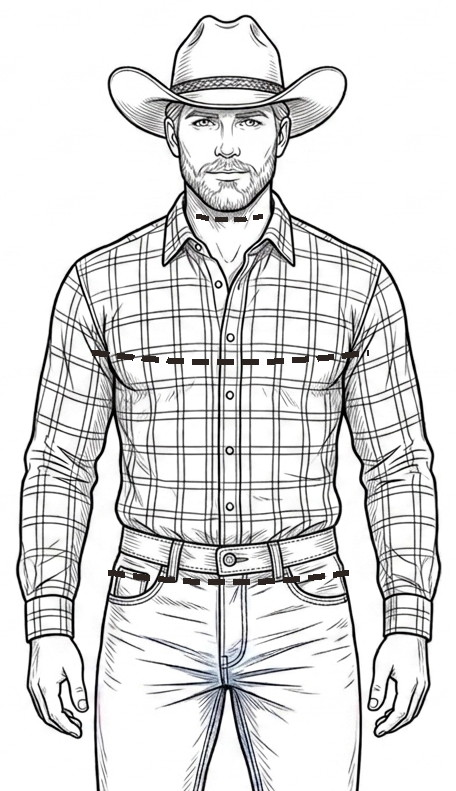 Illustration of a man wearing a western plaid shirt, jeans, and a cowboy hat, standing facing forward, with dashed guide lines marking the neck, chest, and waist.